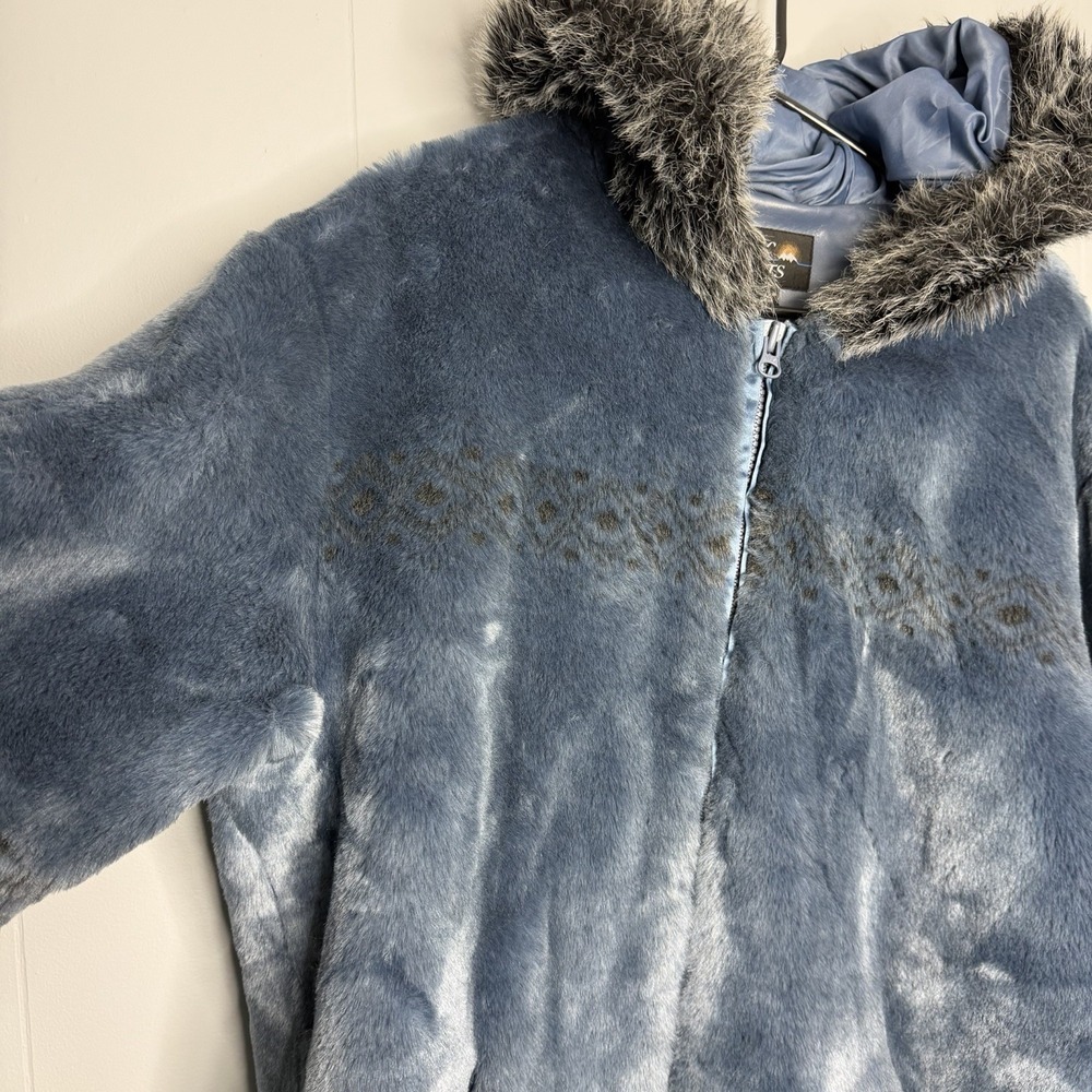 Nordic Lights Coat Womens Large Blue Faux Fur Hooded Fair Isle Reindeer Parka - Picture 3 of 14